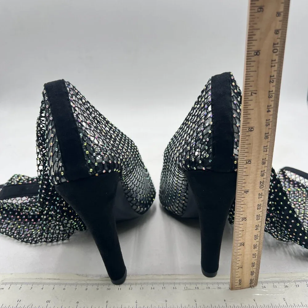 FSJ Black Diamante Fish Net Sexy High Heel Long Boots